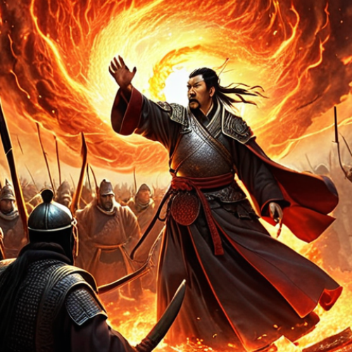 **Zhuge Liang - East Wind (Firestorm):**
    An epic and dramatic battle scene from 'Romance of the Three Kingdoms'. Zhuge Liang, a brilliant strategist, stands on a commanding position, his robes flowing in an ethereal wind. He raises his hand, summoning a colossal 'East Wind' firestorm that engulfs a tightly packed formation of enemy soldiers below. The swirling vortex of vibrant red and orange flames causes visible chaos and disarray, breaking the enemy's lines as soldiers are thrown back, stunned and engulfed by the inferno. The atmosphere is charged with magical energy, smoke, and flying embers, capturing the devastating area-of-effect damage and formation-breaking impact of the ability. High-fantasy realism, cinematic angle.