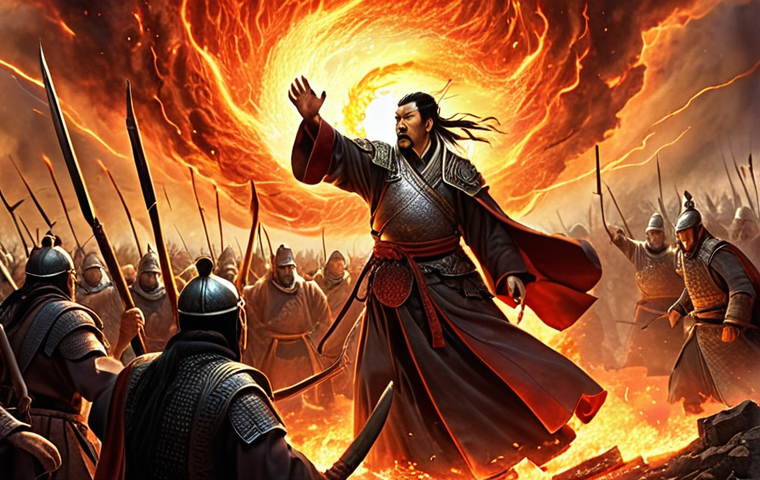 **Zhuge Liang - East Wind (Firestorm):**
    An epic and dramatic battle scene from 'Romance of the Three Kingdoms'. Zhuge Liang, a brilliant strategist, stands on a commanding position, his robes flowing in an ethereal wind. He raises his hand, summoning a colossal 'East Wind' firestorm that engulfs a tightly packed formation of enemy soldiers below. The swirling vortex of vibrant red and orange flames causes visible chaos and disarray, breaking the enemy's lines as soldiers are thrown back, stunned and engulfed by the inferno. The atmosphere is charged with magical energy, smoke, and flying embers, capturing the devastating area-of-effect damage and formation-breaking impact of the ability. High-fantasy realism, cinematic angle.