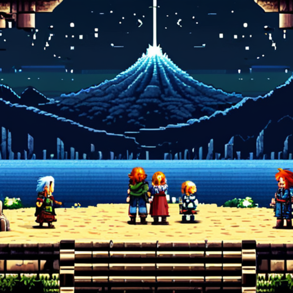 SNES 고전 RPG 베스트 10 - **Chrono Trigger-inspired Emotional Narrative Scene:**
    A highly detailed, expressive pixel art s...