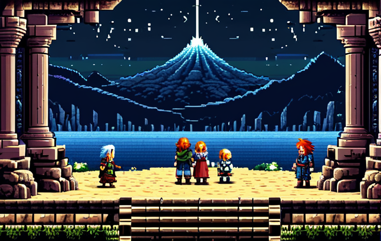 SNES 고전 RPG 베스트 10 - **Chrono Trigger-inspired Emotional Narrative Scene:**
    A highly detailed, expressive pixel art s...