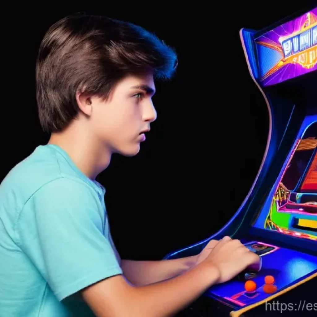 고전 슈팅 게임 난이도 평가 - **Prompt:** A medium shot of a focused male teenager (15-17 years old) at a classic 1980s arcade mac...