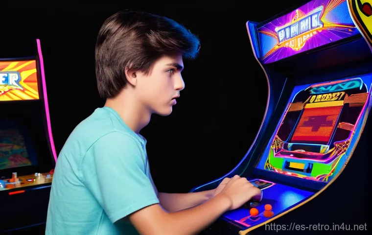 고전 슈팅 게임 난이도 평가 - **Prompt:** A medium shot of a focused male teenager (15-17 years old) at a classic 1980s arcade mac...