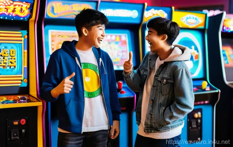 고전 슈팅 게임 난이도 평가 - **Prompt:** A close-up, dynamic shot from a player's perspective, looking directly into a vintage CR...