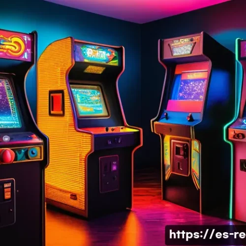 Home 11 오락실 게임 머신의 구조 - A vintage arcade machine room scene featuring multiple classic CRT arcade cabinets with glowing, col...