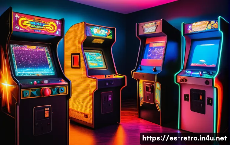 오락실 게임 머신의 구조 - A vintage arcade machine room scene featuring multiple classic CRT arcade cabinets with glowing, col...