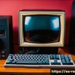 도스 게임 실행 방법 - A cozy retro gaming setup featuring a modern computer running DOSBox emulator on screen, surrounded ...