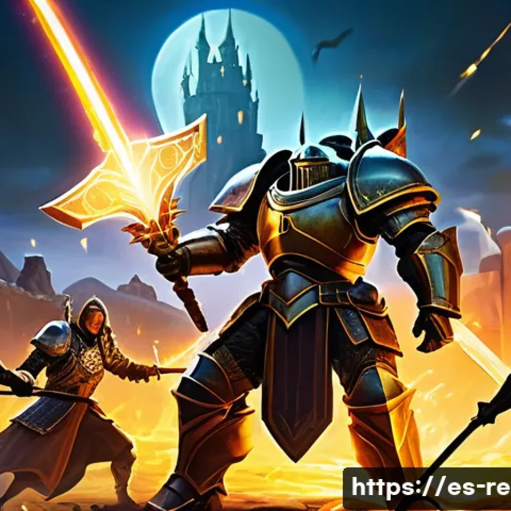 바람의 나라 레전드 유저 스토리 - A dynamic battle scene in a fantasy MMORPG setting showing a diverse team of four characters: a heav...