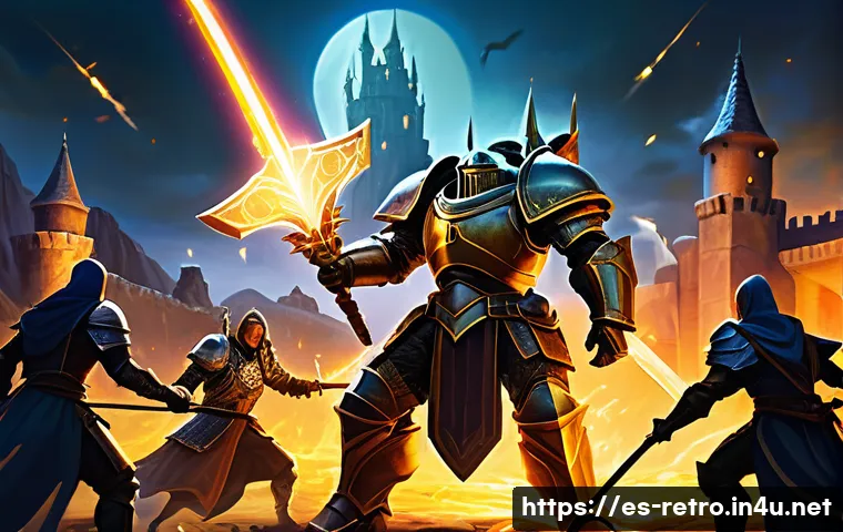 바람의 나라 레전드 유저 스토리 - A dynamic battle scene in a fantasy MMORPG setting showing a diverse team of four characters: a heav...