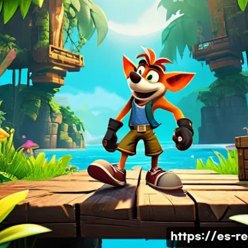 플레이스테이션 1 발매 초기 독점작 - A vibrant 3D platform game scene inspired by Crash Bandicoot, featuring a charismatic anthropomorphi...