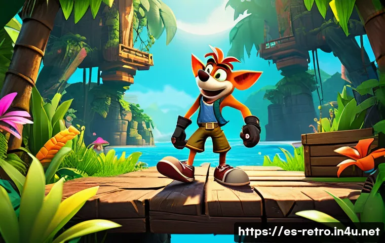 플레이스테이션 1 발매 초기 독점작 - A vibrant 3D platform game scene inspired by Crash Bandicoot, featuring a charismatic anthropomorphi...