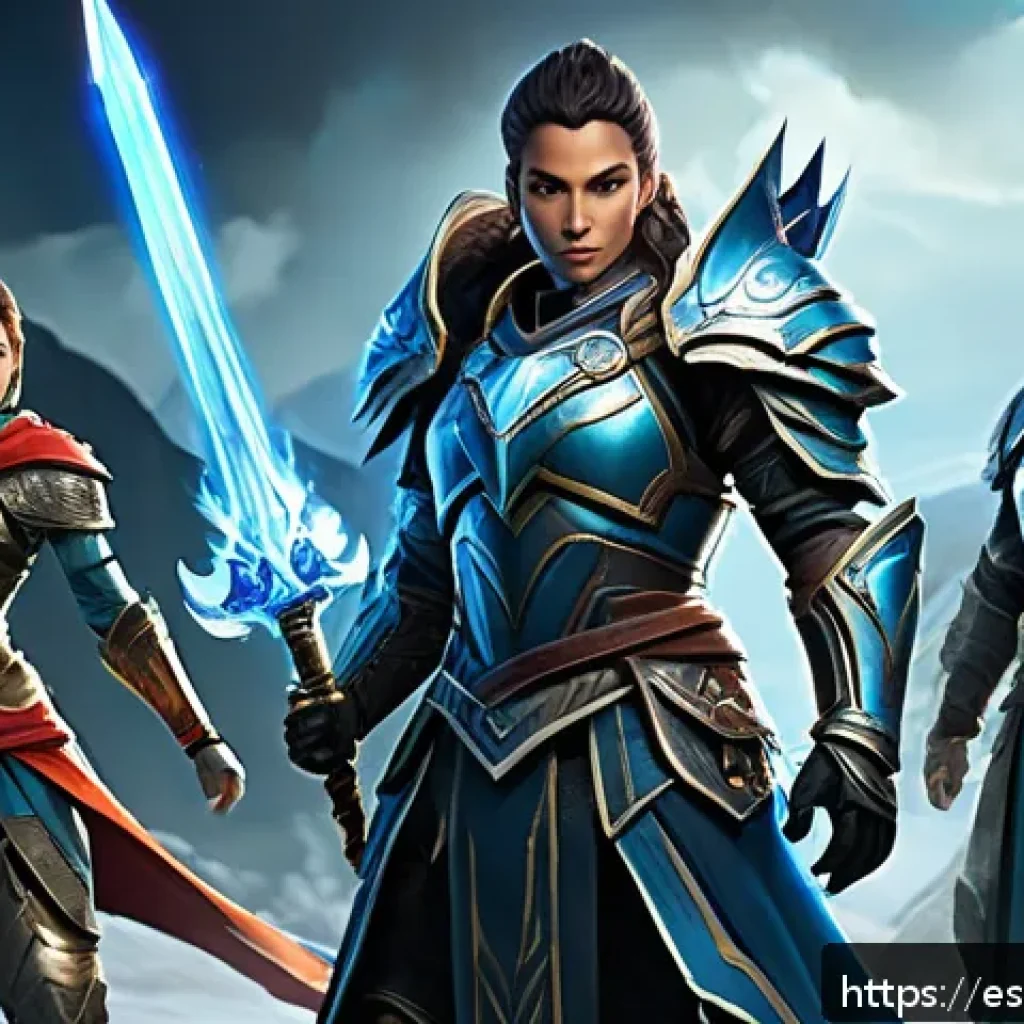 로맨싱사가 캐릭터 공략 - A dynamic fantasy battle scene featuring a diverse team of five heroes in detailed, colorful armor a...