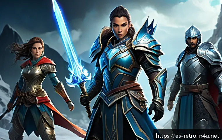 로맨싱사가 캐릭터 공략 - A dynamic fantasy battle scene featuring a diverse team of five heroes in detailed, colorful armor a...