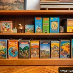 Home 20 고전 PC 게임 패키지 구성품 - A nostalgic scene of a vintage PC game collection displayed on wooden shelves in a cozy Spanish livi...