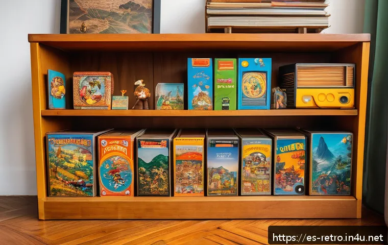 고전 PC 게임 패키지 구성품 - A nostalgic scene of a vintage PC game collection displayed on wooden shelves in a cozy Spanish livi...