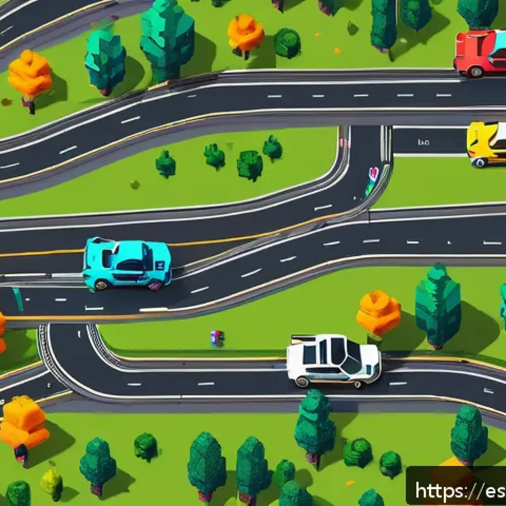 도스 기반의 초창기 레이싱 게임 - A vibrant pixel art scene of a classic DOS-era racing game track featuring colorful, geometric shape...