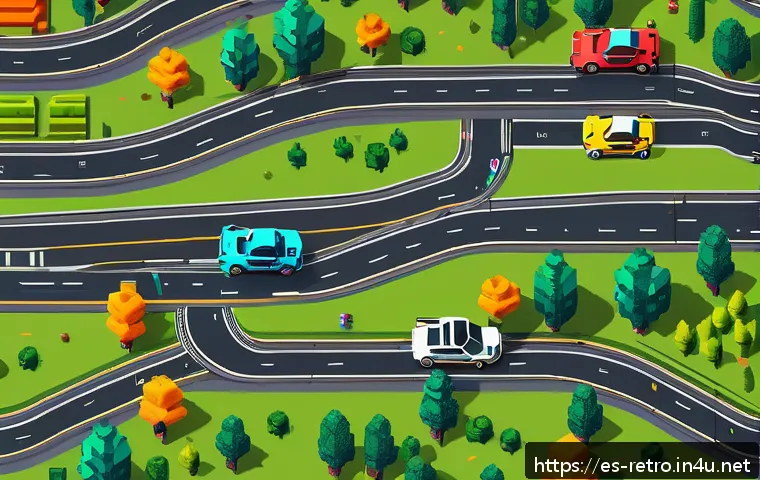 도스 기반의 초창기 레이싱 게임 - A vibrant pixel art scene of a classic DOS-era racing game track featuring colorful, geometric shape...