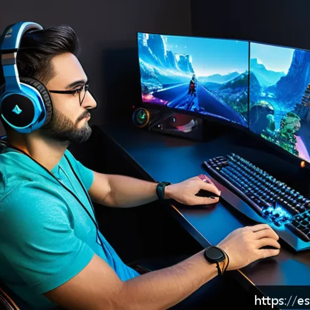 고전 FPS 게임 전략과 기술 - A focused gamer in a modern gaming room, sitting comfortably in an ergonomic chair with a high-refre...