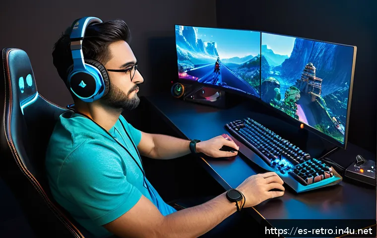 고전 FPS 게임 전략과 기술 - A focused gamer in a modern gaming room, sitting comfortably in an ergonomic chair with a high-refre...