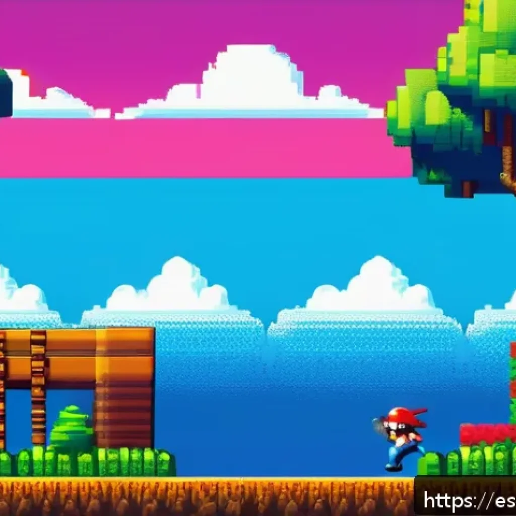 고전 아케이드 게임 추천 - A vibrant, detailed scene of a classic 1980s-style platformer video game level, featuring a pixel-ar...
