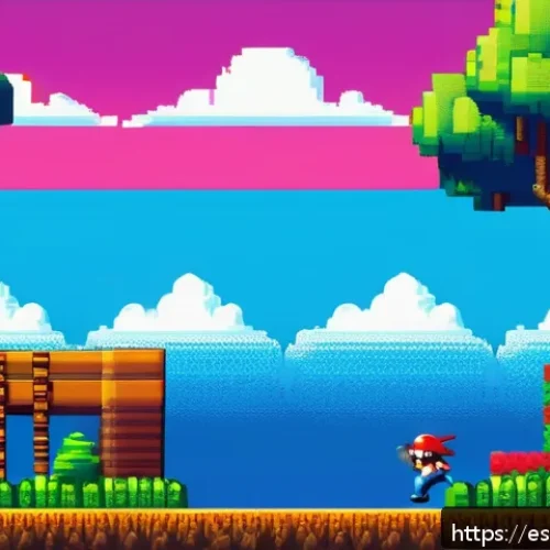 Home 17 고전 아케이드 게임 추천 - A vibrant, detailed scene of a classic 1980s-style platformer video game level, featuring a pixel-ar...