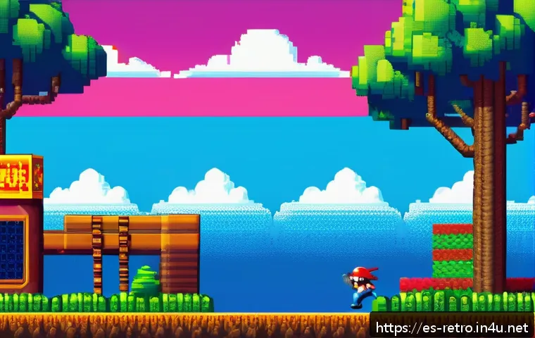 고전 아케이드 게임 추천 - A vibrant, detailed scene of a classic 1980s-style platformer video game level, featuring a pixel-ar...
