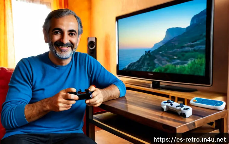 고전 게임의 리메이크 성공 사례 - Photorealistic cozy Spanish living room, a middle-aged gamer smiling while comparing a well-worn ret...